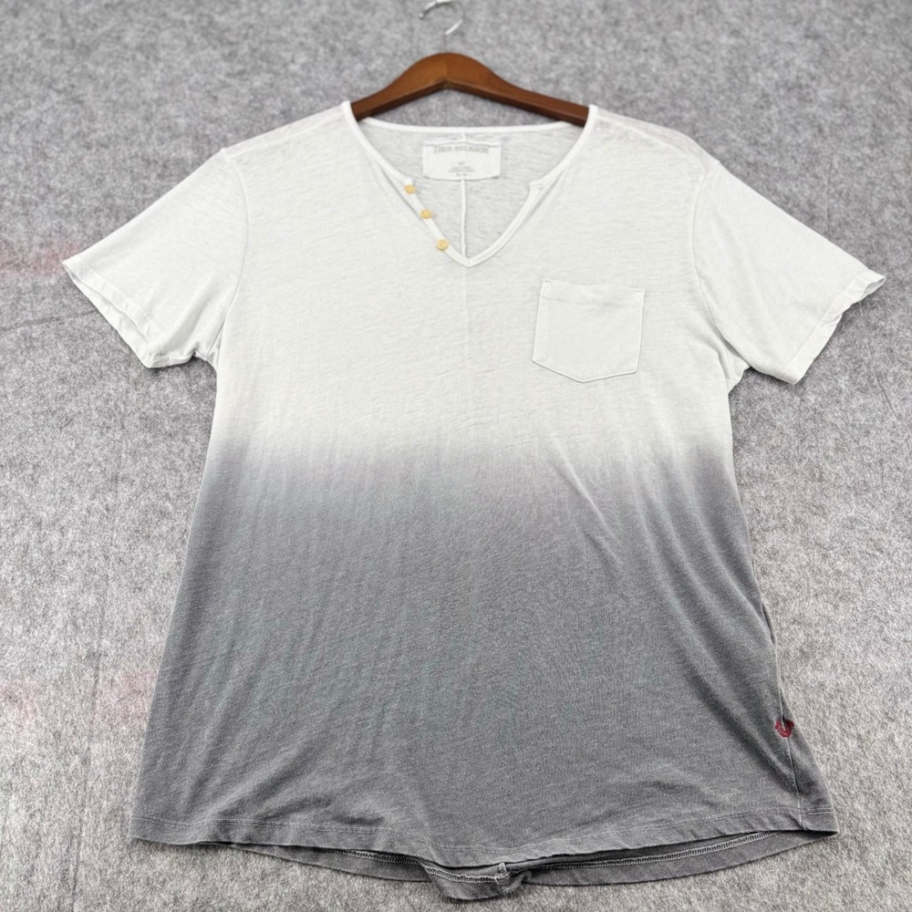True Religion Mens Ombre Dip Dye V-Neck Henley Pocket T-Shirt Grey White XL